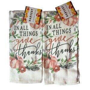 Thanksgiving Pink Pumpkins Dish Towels In All Things Give Thanks Cotton Set of 2